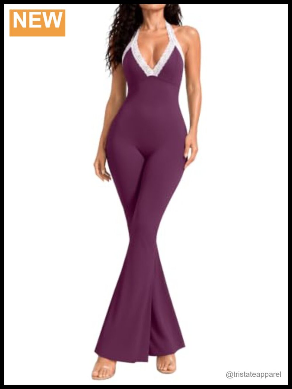 OQQ Women Lace Trim Halter Jumpsuit Flared Leg One Piece
